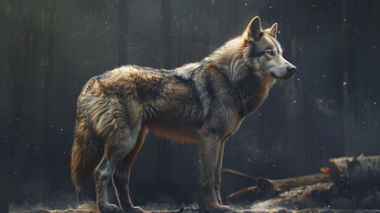 Wall Mural - A large grey wolf standing in the woods