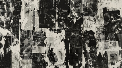 Poster - A collage of newspaper clippings with a black and white background