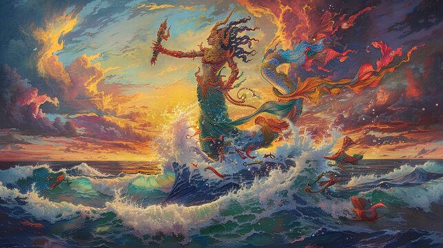 A colorful depiction of Nang Phisuea Samut, the sea goddess, rising from the ocean with waves and marine creatures around her, set against a dramatic sunset.