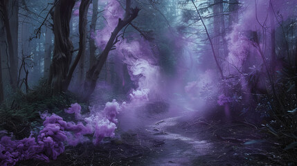Wall Mural - A forest with purple smoke and a path through it