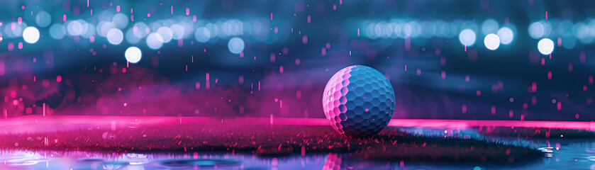 Close-up of a golf ball on a vibrant neon-lit wet surface, shimmering with reflections under the rain. Perfect sports-themed background.