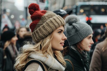 Wall Mural - Portrait of a beautiful girl in a knitted hat on a city street.