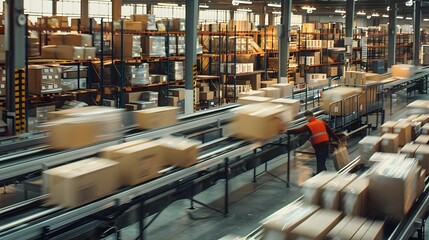 worker working in warehouse delivery industrial managing cardbox Motion blur rush hour