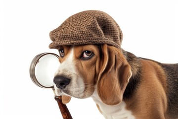 Wall Mural - Beagle with a Sherlock Holmes Hat and Magnifying Glass: A curious Beagle wearing a Sherlock Holmes-style hat and holding a magnifying glass, ready to solve mysteries with keen observation