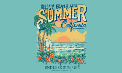 Wall Mural - Tropical flower. Summer slogan t-shirt. Surf club design. Beach wave artwork. Surfing board. Summer abstract art. Sunshine paradise graphic print design. Tropical island art for fashion and others. 