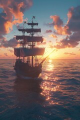 Wall Mural - Ship sailing in ocean at sunset