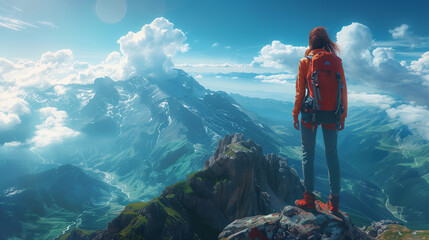 Girl with backpack, climber or explorer standing on top of mountain or cliff looking down at valley. Person on top of mountain