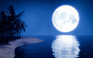 Wall Mural - Astronomical Phenomenon the blue full moon is reflected in the sea. The shadow of the island in the ocean The sky has many stars. Ripples on the sea at night.3D Rendering..