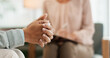 © peopleimages.com - Therapy, mental health or nervous woman hands with psychologist in consultation office for mind, assessment or evaluation. Help, anxiety or counseling for patient with stress at clinic for psychology