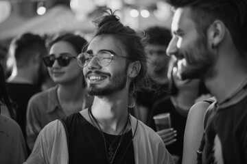 Poster - Group of friends having fun at a music festival, black and white