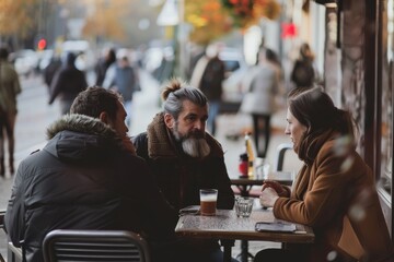 Poster - Group of friends talking and drinking coffee in a outdoor cafe on the street