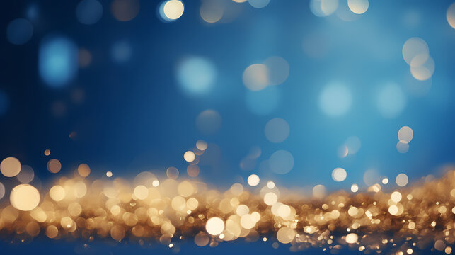 Abstract blue and gold glitter background with bokeh lights