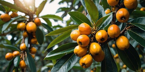 Poster - loquat tree branch with fruits and leaves wide angle banner background agriculture and nature