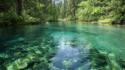 Wall Mural - Crystal clear river in the interior of the forest 