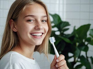 Sticker - Happy young beautiful Caucasian woman takes care of her facial skin.