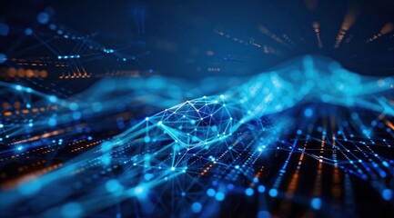 Abstract digital network with blue and orange glowing connections. Futuristic technology and data communication concept. Design for poster, wallpaper, and banner.