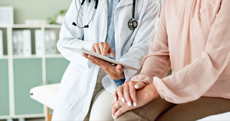 Poster - Clinic, tablet and hands of doctor with patient for consulting, medical service and help in hospital. Healthcare, telehealth and people on digital tech for diagnosis, online results and insurance