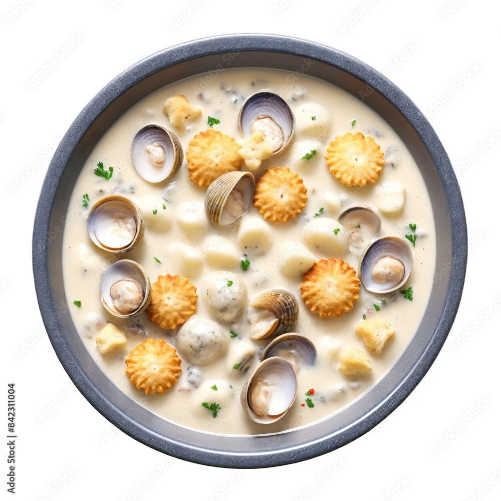 Hearty clam chowder in see through bowl clams opening potatoes tumbling ...