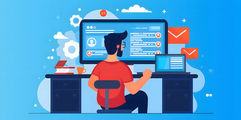Man working and installing update process. Software updates or operating system upgrades to keep your device up to date with enhanced functionality in new versions and improved security design