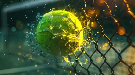 Eyecatching Bright greenish yellow tennis ball hitting the net