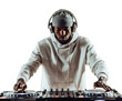 © SH Design - a young man in a white hoodie and grey cap, with headphones on his head playing music from the DJ console against a clean white background.