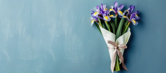 Canvas Print - Beautiful Iris bouquet presented in white paper wrapping, radiating floral elegance.