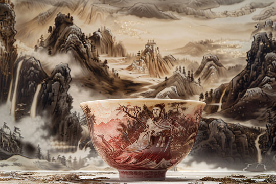 Fusion of Cultures: Norse Warrior with Japanese Chawan in Dramatic Landscape