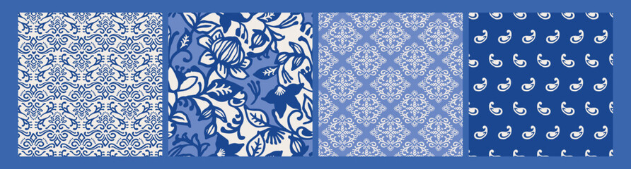 Ethnic blue seamless patterns with plant motifs. Modern abstract design for paper, cover, fabric, interior decor and other