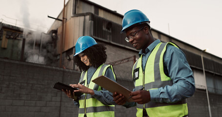 Canvas Print - Construction, clipboard and people on tablet for planning, building inspection and maintenance. Civil engineering, architecture team and man and woman for project, infrastructure and manufacturing