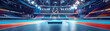 © Nathakorn - Olympic gymnastics arena filled with equipment, ready for athletes to compete focus on, preparation theme, dynamic, composite, competition backdrop