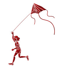 Wall Mural - A Child Playing A Girl Running Fly a Kite Cartoon Sport Graphic Vector