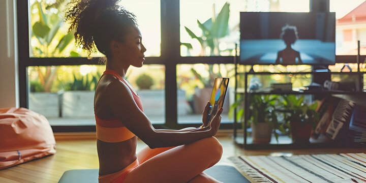 Woman Practicing Yoga at Home with Digital Guidance in a Bright and Inviting Space Filled with Natural Light
Indoor Yoga Session with a Woman Following Digital Instructions Amidst a Tranquil and Well-