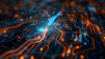 Abstract digital background with circuit board elements and glowing lights, representing technology innovation in the style of computer engineering or software development.