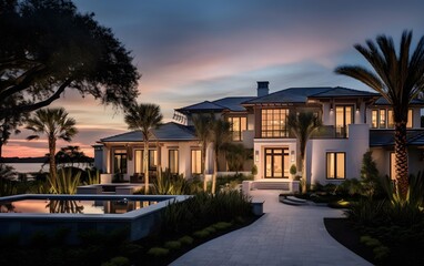 Luxury house in the tropics at sunset with palm trees