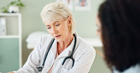 Canvas Print - Mature doctor, woman and patient in consultation for healthcare support, medical results or feedback. Medicine, professional and person with discussion for expert advice, consulting or health service