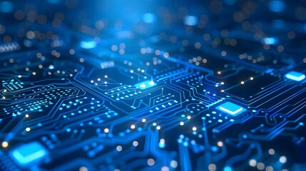 blue digital technology background with a circuit board and data flow diagonally arranged on the right side of an illustration, with high resolution and highly detailed style.