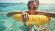 © Dmitriy - A woman wearing sunglasses floats on an inflatable ring in the ocean, enjoying her vacation, banner