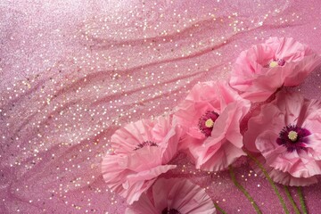 Poster - Top view of pink poppy flowers against a glittering background, presenting a striking floral arrangement.