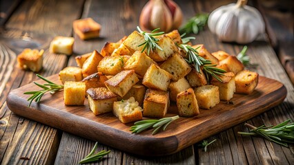 Rusticated cutting board displaying golden brown croutons seasoned with rosemary and garlic.