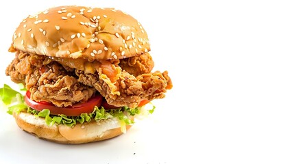 Wall Mural - fresh tasty burger with fried chicken meat isolated on white background top view : Generative AI