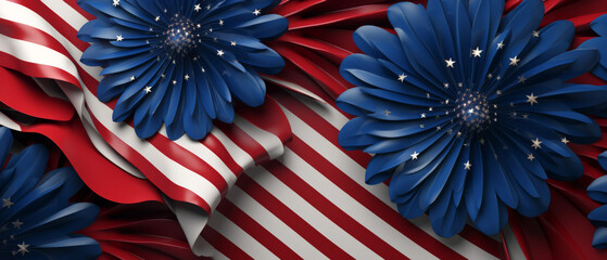 Wall Mural - Patriotic themed background with blue flowers and American flag stripes, perfect for independence and national celebration concepts.