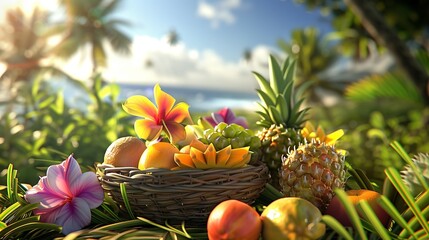 A sunny garden scene with a bowl of mixed tropical fruits.