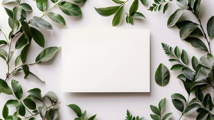Photo of A blank white card on an isolated background with green leaves and branches framing the edges, ready for writing text or graphics.