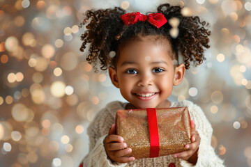 Wall Mural - Smiling Little Girl Holding a Gift Box with Festive Background.