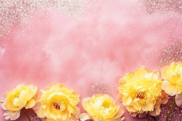 Poster - Yellow Peony Flowers in Top View with Glitter Background. Exquisite Floral Elegance from a Bird's Eye View.