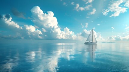 Wall Mural - Sailing on the sea, blue sky with white clouds, a sailboat in front of it.