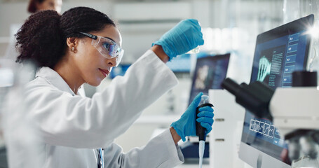 Aufkleber - Glass vial, pipette and woman scientist in laboratory for medical study, research or experiment. Test tube, dropper and professional female person with chemical liquid for pharmaceutical innovation.