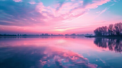 Wall Mural - A serene and tranquil sunset reflected in a lake, with silhouettes of trees and pastel-colored sky.