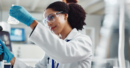 Aufkleber - Glass beaker, goggles and woman scientist in laboratory for medical study, research or experiment. Container, career and professional female person with chemical liquid for pharmaceutical innovation.