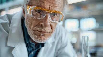 Wall Mural - close-up portrait of a confident senior man with safety glasses and a labcoat